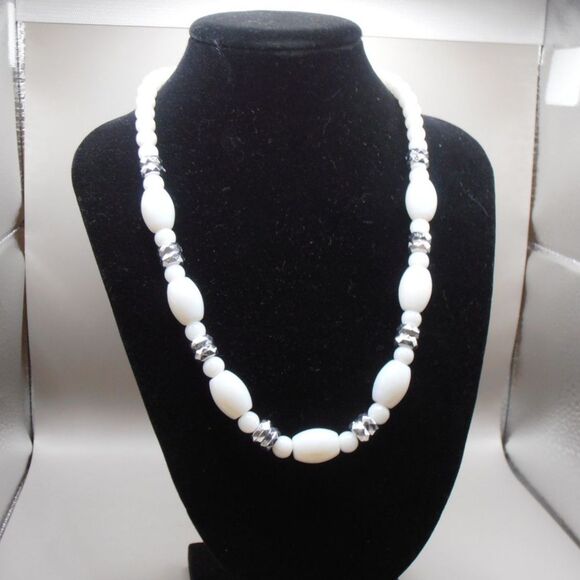 White Milk Glass Beaded Choker Necklace w/ Silver Tone Accent Beads - Picture 1 of 4